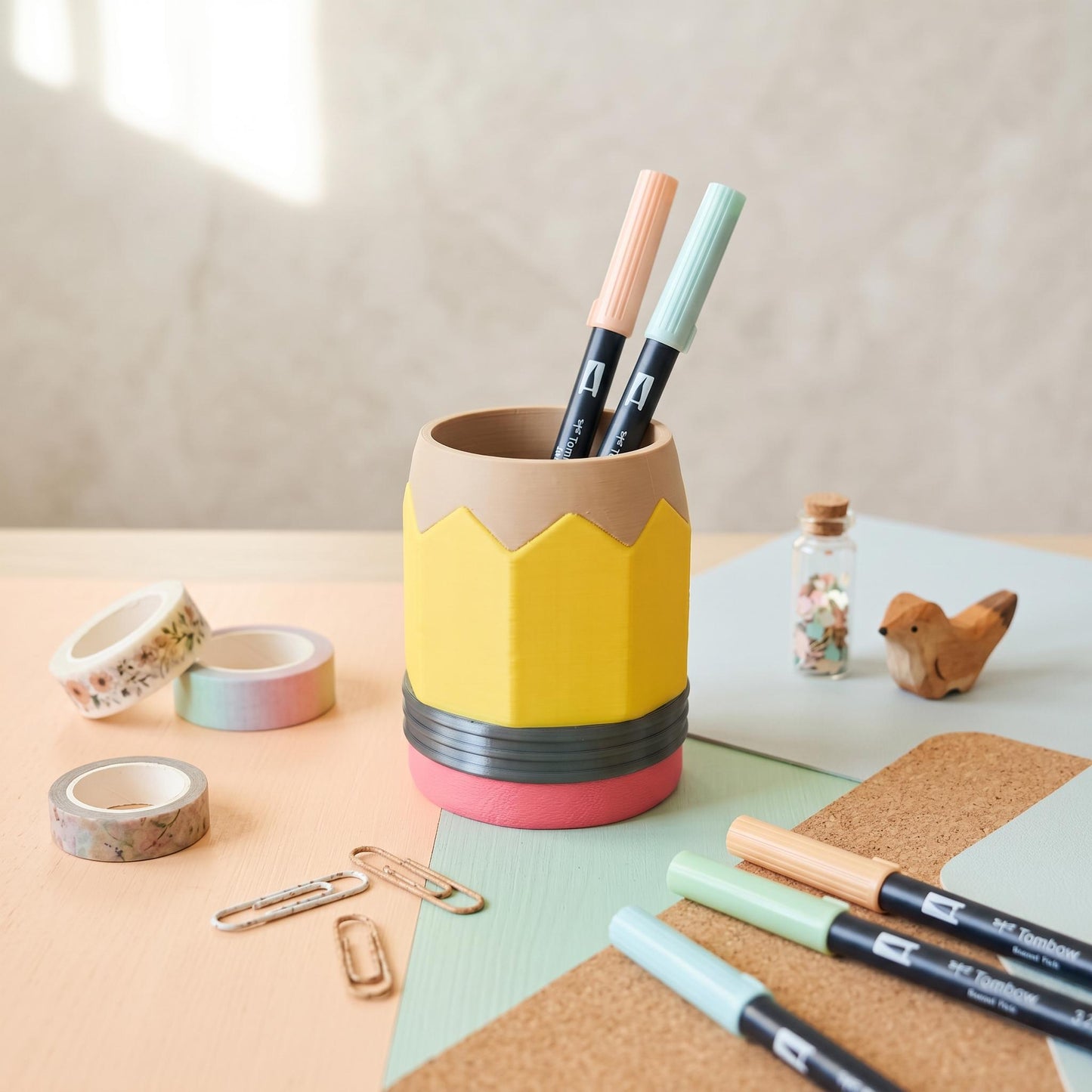 Bleistift-Stiftehalter auf mintgrünem Papier, umgeben von Washi-Tape, Büroklammern und Stiften