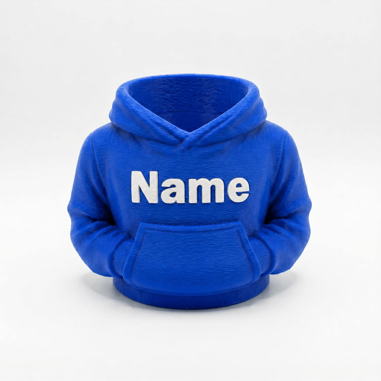 Blauer Hoodie-Stiftehalter in kräftigem Königsblau mit weißer Aufschrift Name auf weißem Studiohintergrund