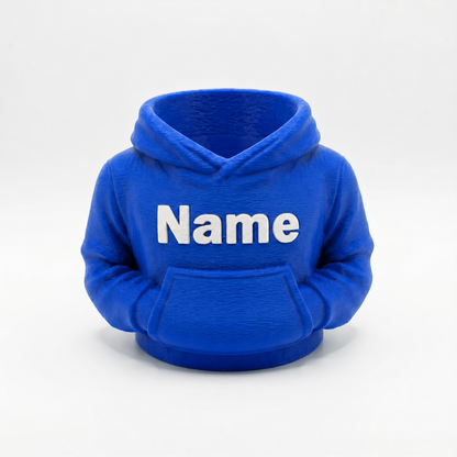 Blauer Hoodie-Stiftehalter in kräftigem Königsblau mit weißer Aufschrift Name auf weißem Studiohintergrund