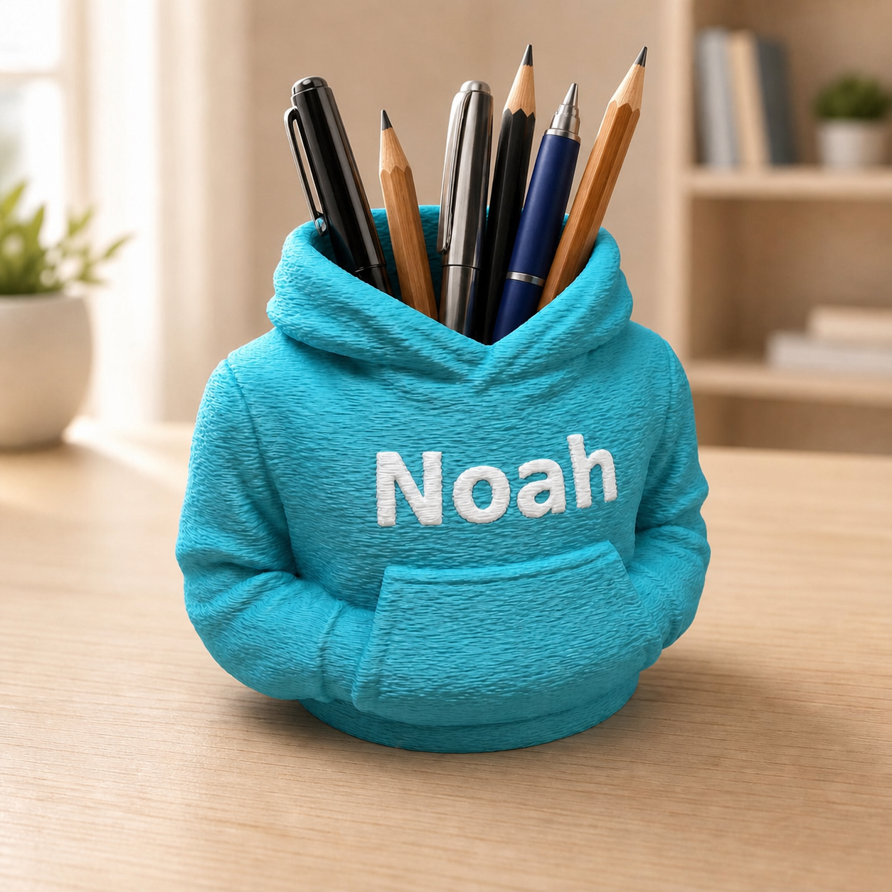 Türkisfarbener personalisierter Hoodie-Stiftehalter mit weißem Namen Noah und Stiften auf hellem Schreibtisch