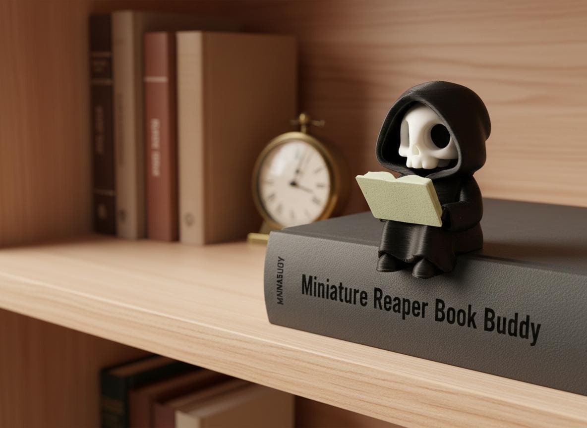 Lesender Sensenmann auf Buch – Ansicht mit gewählter Buchfarbe