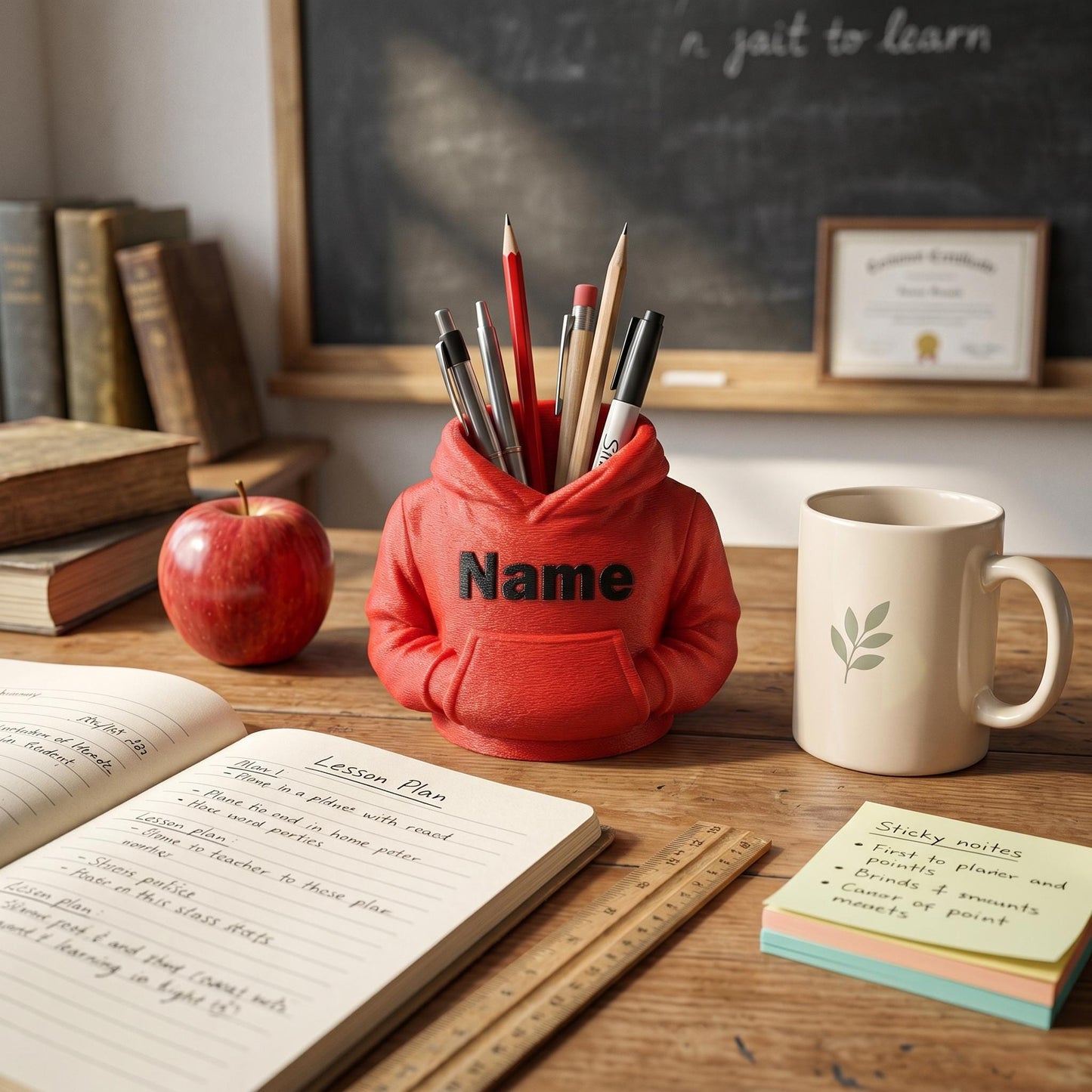 Ein roter 3D-gedruckter Stiftehalter in Form eines Hoodies mit personalisiertem Namen steht auf einem Holzschreibtisch zwischen Büchern, einem Apfel und einer Kaffeetasse. Der Organizer enthält verschiedene Stifte und Bleistifte. Perfekt als Abschiedsgeschenk für Lehrerin oder Erzieherin, Schulgeschenk oder Schreibtisch-Deko. Maße 11x10x7cm, individuell anpassbar. Ideal für Büro-Organisation oder als kreatives Geschenk zum Schulstart.