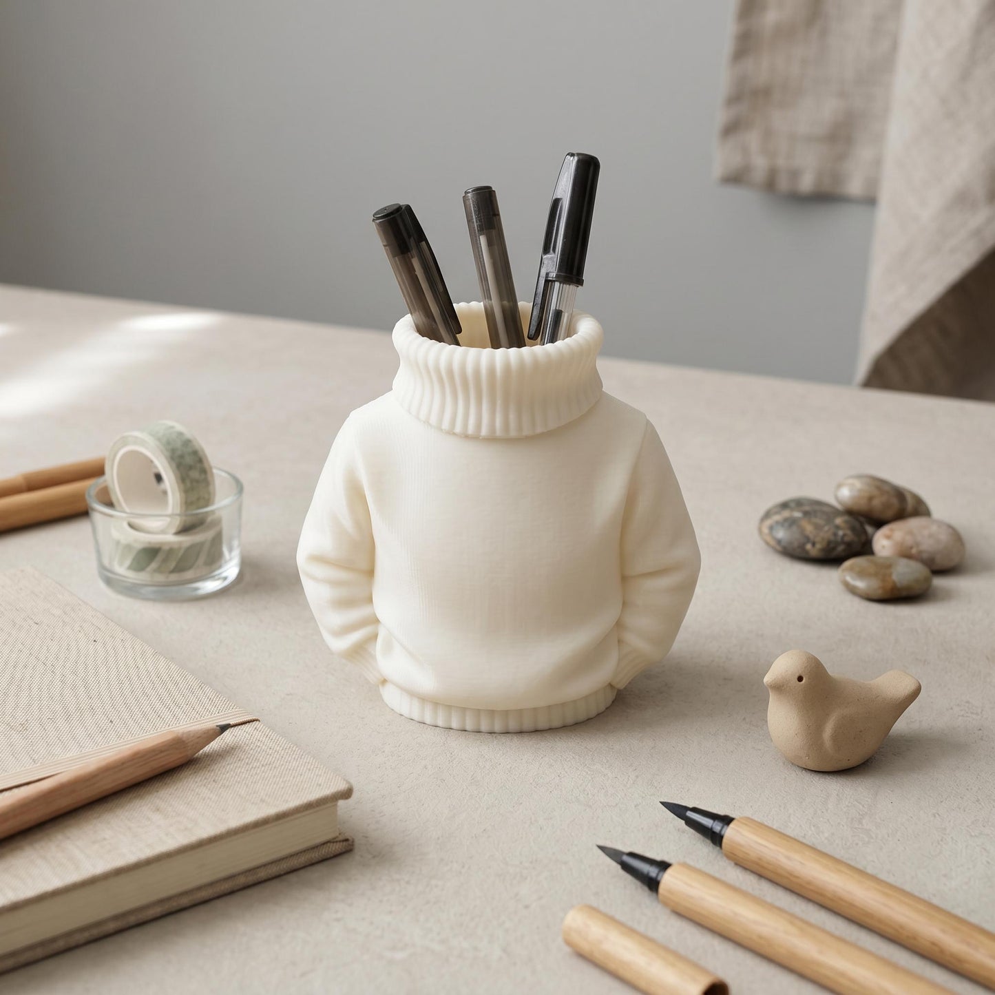 Kreativer Pullover-Stiftehalter aus cremefarbenem 3D-Druck mit Rollkragen-Design. Der witzige Desk Organizer hält Stifte und Büroartikel in der Pullover-Öffnung. Perfekt als Abschiedsgeschenk Lehrerin oder Erzieherin, Schulgeschenk zur Einschulung oder als charmante Schreibtisch-Deko fürs Büro. Maße: 11×10×7 cm, aus robustem PLA gefertigt. Idealer Schreibtisch Organizer mit Charme!