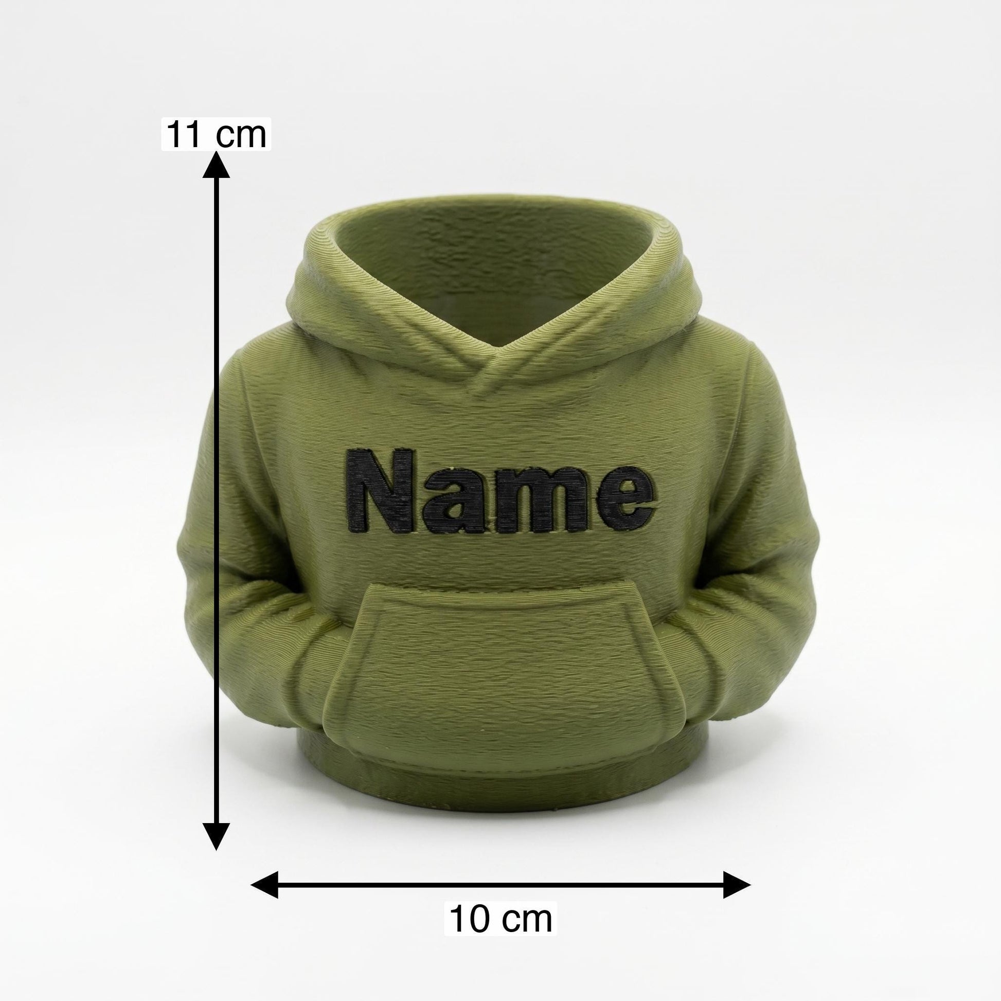 Maße des personalisierten Hoodie-Stiftehalters: etwa 11 cm hoch und 10 cm breit