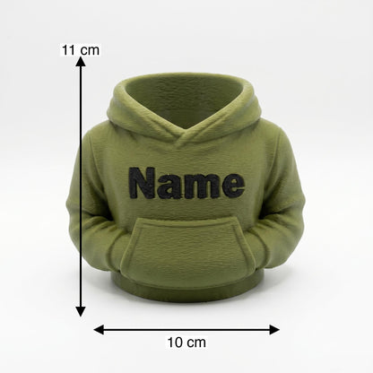 Maße des personalisierten Hoodie-Stiftehalters: etwa 11 cm hoch und 10 cm breit