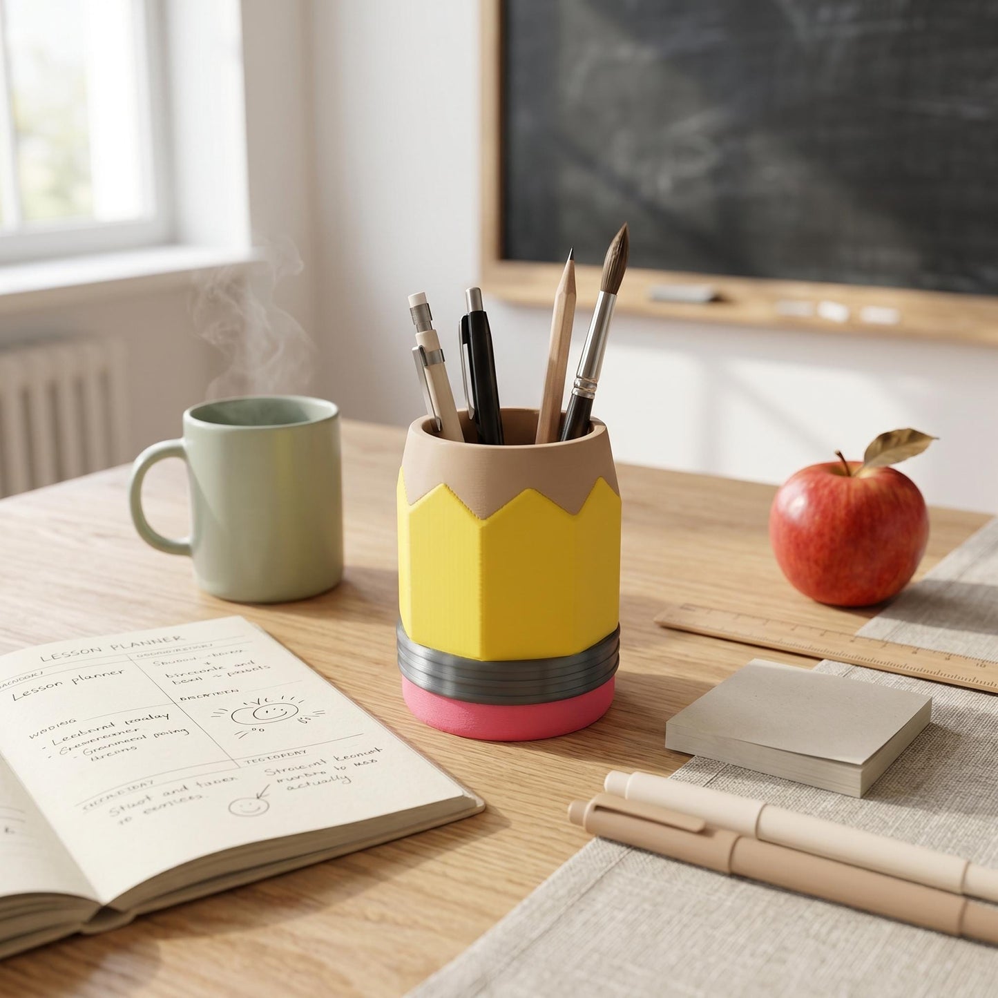 Bleistift-Stiftehalter mit Stiften und Pinseln auf einem Schreibtisch, daneben Tasse, Apfel und Notizbücher