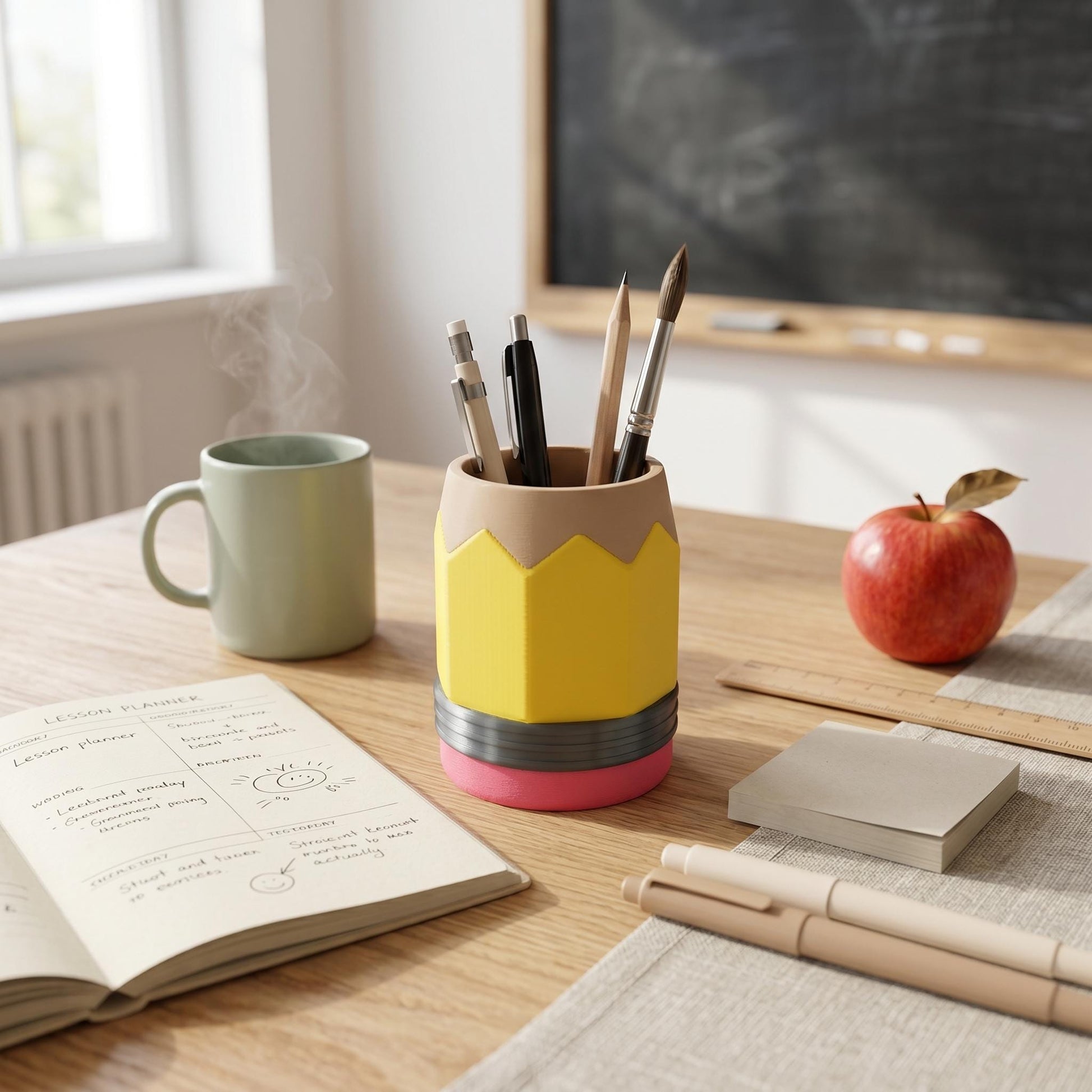 Bleistift-Stiftehalter mit Stiften und Pinseln auf einem Schreibtisch, daneben Tasse, Apfel und Notizbücher