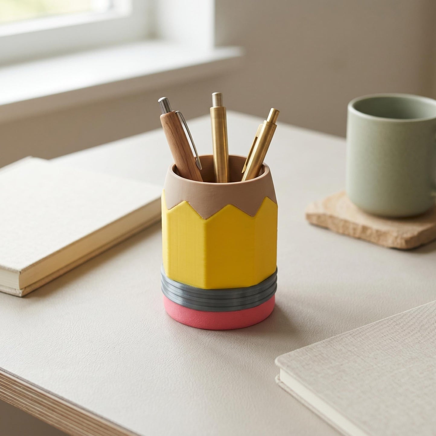 Gelber Bleistift-Stiftehalter aus 3D-Druck mit rosa Radiergummi-Sockel und grauer Zwinge, gefüllt mit Holzstiften auf hellem Schreibtisch