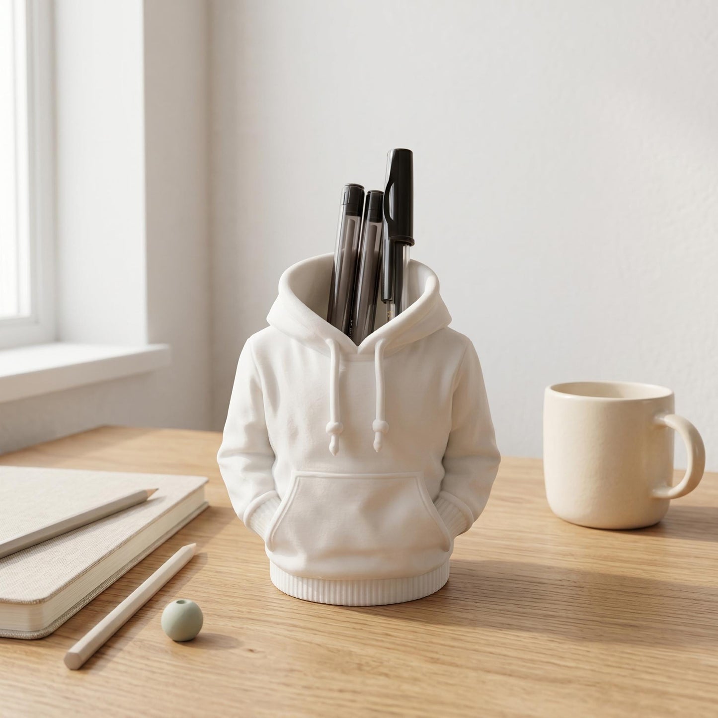 Cremeweißer Hoodie-Stiftehalter im 3D-Hoodie-Stil mit Kordelzug und Kängurutasche auf einem Holzschreibtisch
