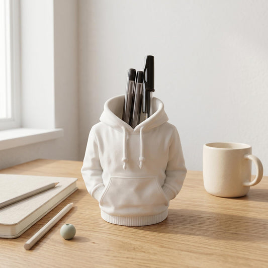Cremeweißer Hoodie-Stiftehalter im 3D-Hoodie-Stil mit Kordelzug und Kängurutasche auf einem Holzschreibtisch