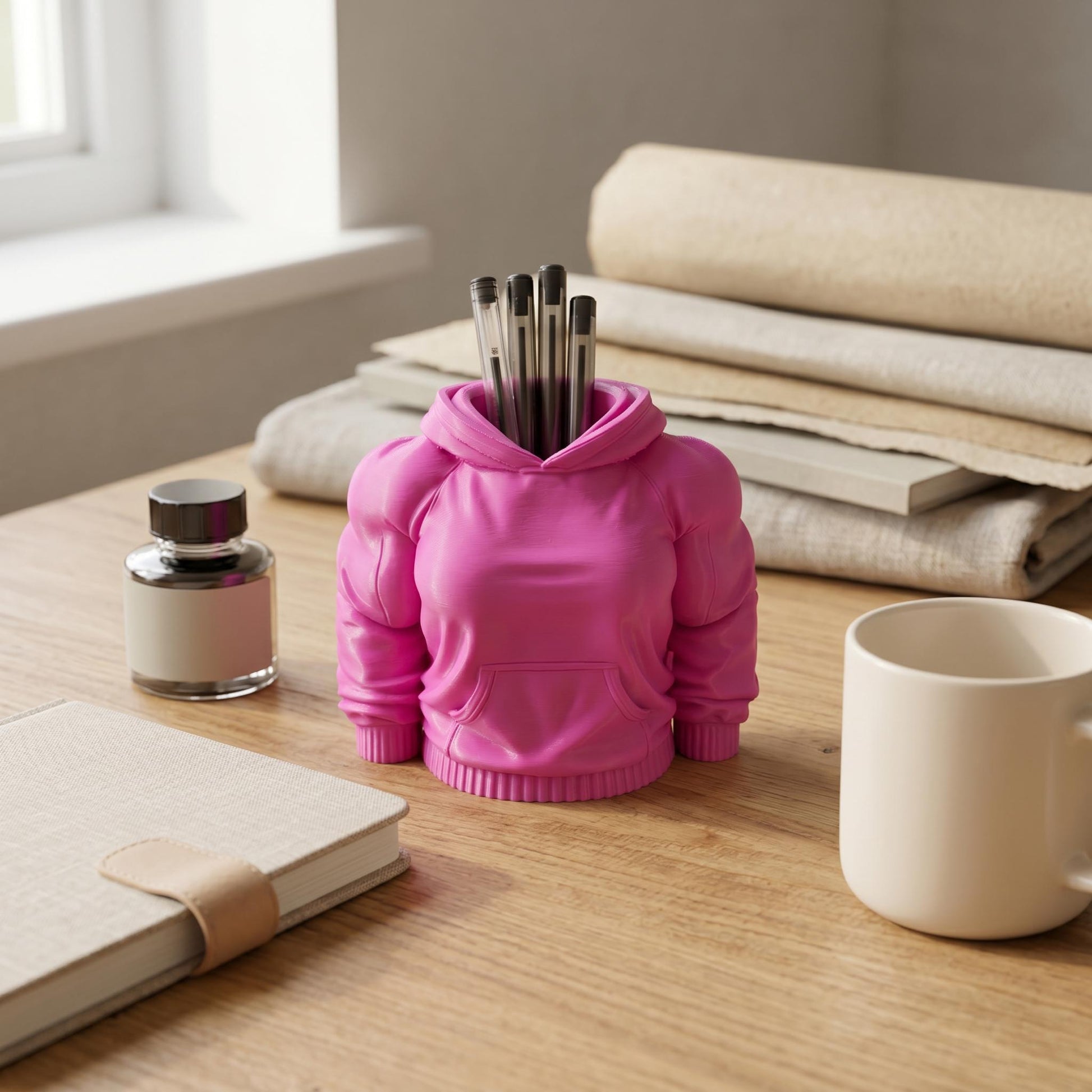 Pinker Hoodie-Stiftehalter im Muskel-Stil mit voluminösen Ärmeln neben Notizbuch und Tasse