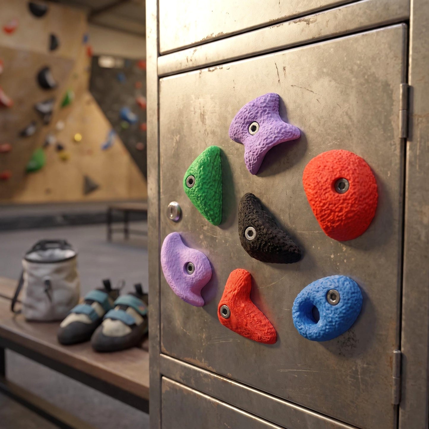 Die sieben großen Bouldergriff-Magnete an einer Metallspind-Tür in der Boulderhalle, im Hintergrund unscharf Chalkbag und Kletterschuhe. Halten auf magnetischen Stahlflächen wie Spind, Kühlschrank oder Magnettafel.