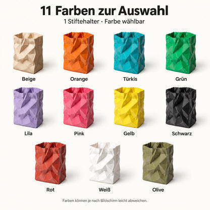 Elf wählbare Farben des Papiertüten-Stiftehalters. Geliefert wird ein Stiftehalter in der ausgewählten Farbe.