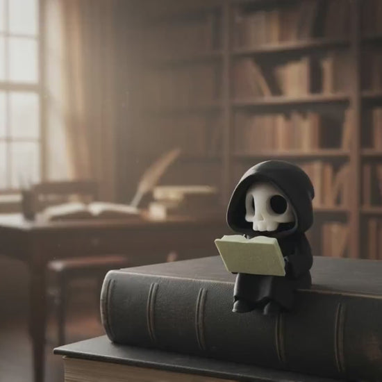 Lesender Sensenmann auf Buch – Figur fürs Bücherregal – Produktvideo