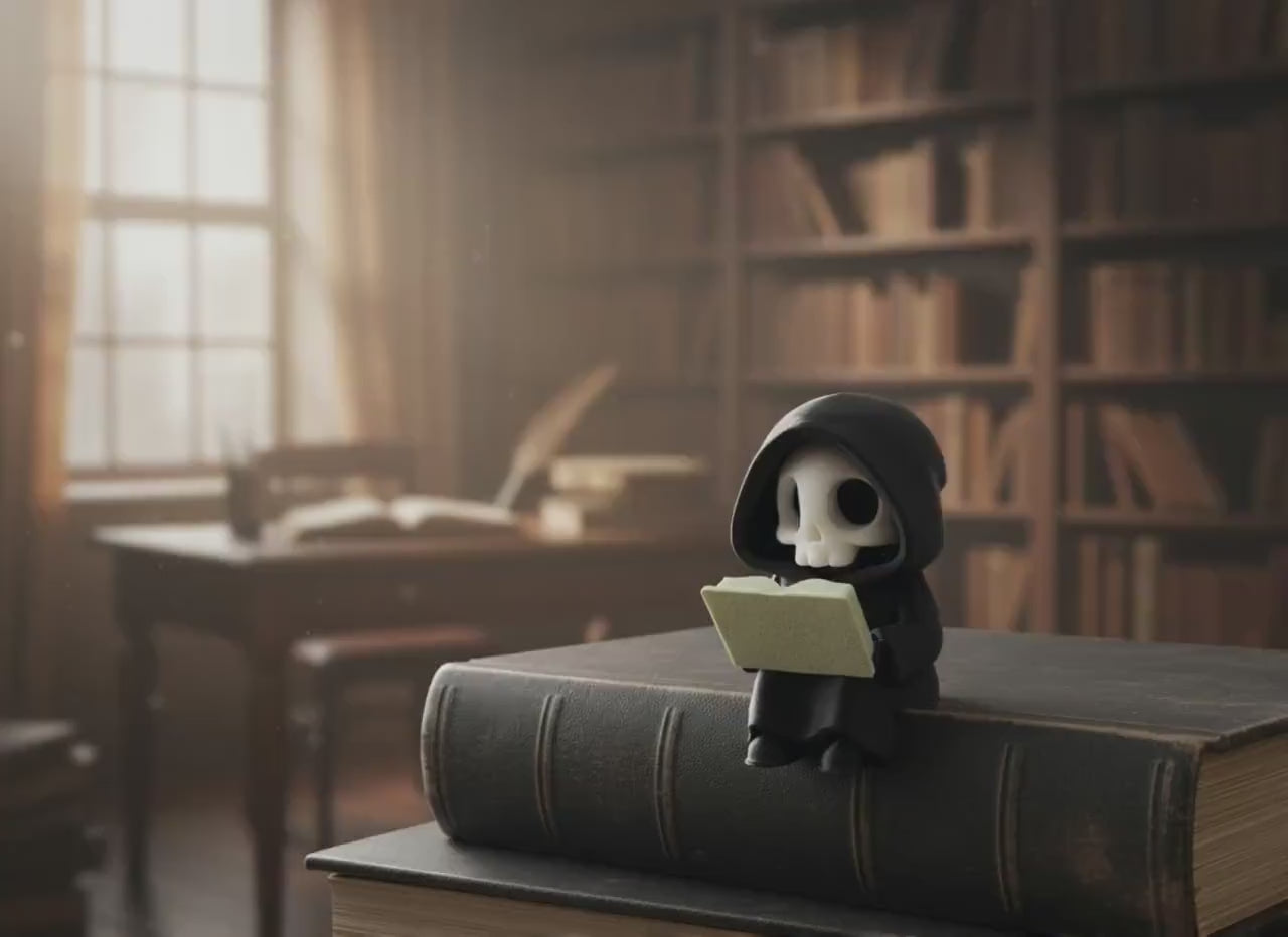 Lesender Sensenmann auf Buch – Figur fürs Bücherregal – Produktvideo
