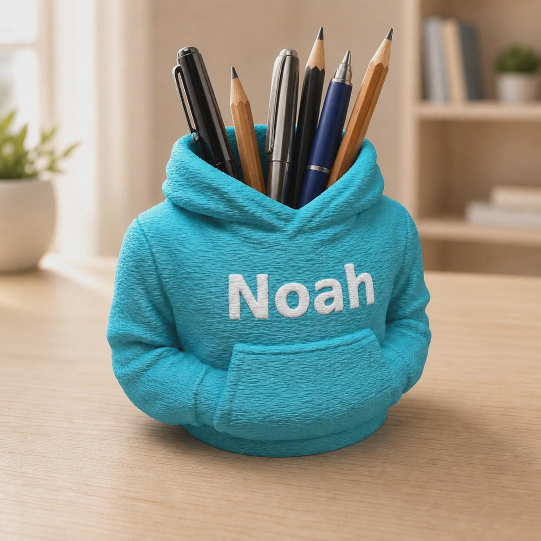 Personalisierter Hoodie-Stiftehalter mit Wunschname – Farben und Schriftvarianten