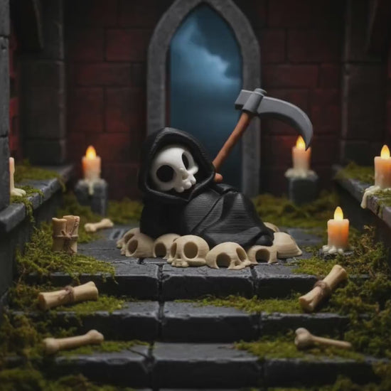 Sensenmann auf Schädelhaufen – Gothic-Figur – Produktvideo