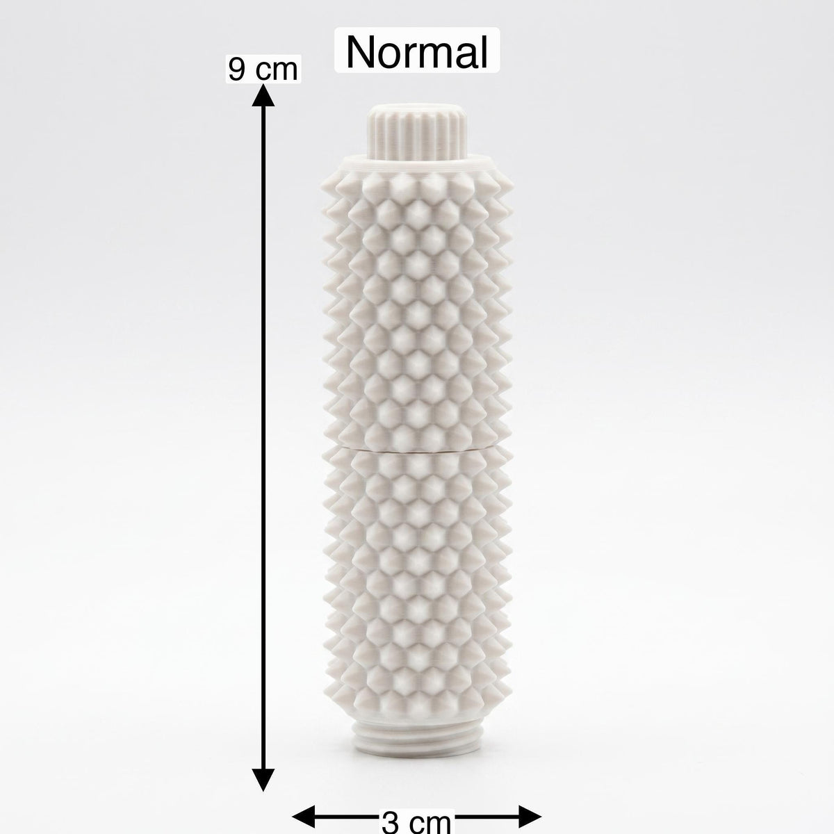 Maßbild des weißen Spiky Clicker Fidget Toys: 9 cm Höhe und 3 cm Breite, mit geriffeltem Drehknopf und strukturierter Stacheloberfläche.