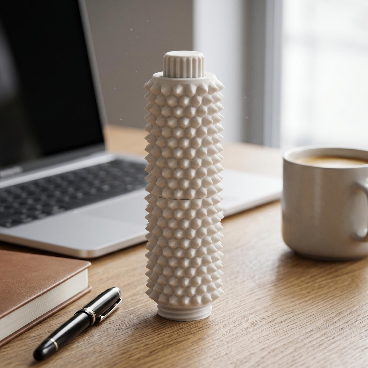 Weißes Spiky Clicker Fidget Toy steht auf einem Schreibtisch vor Laptop und Kaffeetasse. Drehknopf und taktile Stacheloberfläche sind klar erkennbar.