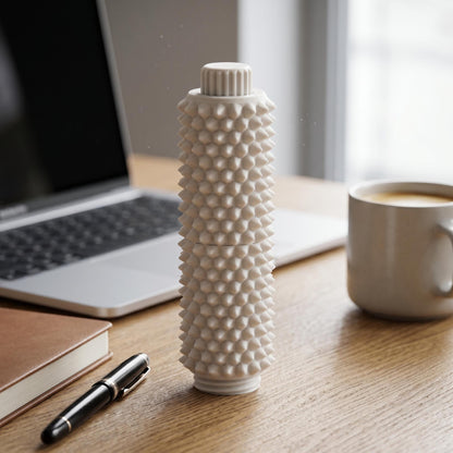 Weißes Spiky Clicker Fidget Toy steht auf einem Schreibtisch vor Laptop und Kaffeetasse. Drehknopf und taktile Stacheloberfläche sind klar erkennbar.