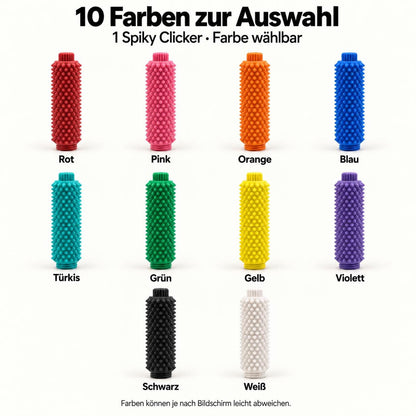 Farbübersicht des Spiky Clicker Fidget Toys STIM-NR-1: Rot, Pink, Orange, Blau, Türkis, Grün, Gelb, Violett, Schwarz und Weiß. Zehn Farben zur Auswahl; geliefert wird ein Spiky Clicker in der gewählten Farbe. Die Stachelstruktur, der Drehknopf und die Mittelnaht sind sichtbar. Farben können je nach Bildschirm leicht abweichen.