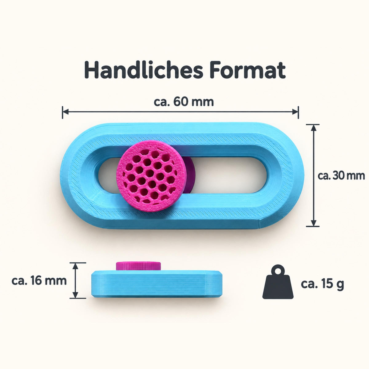 Maßbild des Fidget Sliders: etwa 60 × 30 × 16 Millimeter und 15 Gramm.