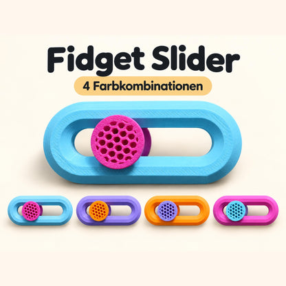 Hellblauer Fidget Slider mit magentafarbenem Knubbel; vier Kombinationen zur Auswahl, geliefert wird ein Stück.