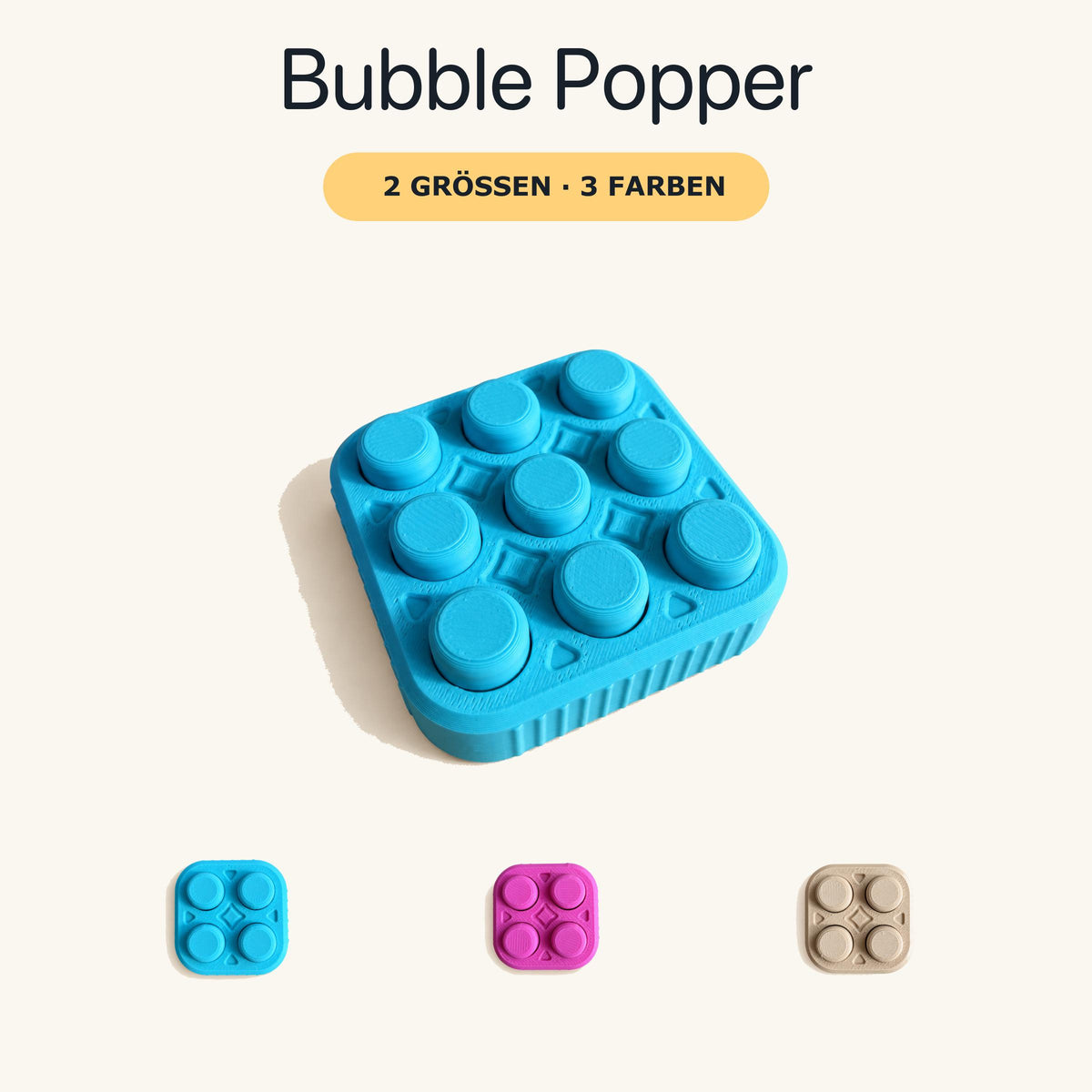Türkiser 3×3 Bubble Popper mit neun Druckflächen auf cremefarbenem Hintergrund; darunter Farbbeispiele in Türkis, Magenta und Latte-Braun.