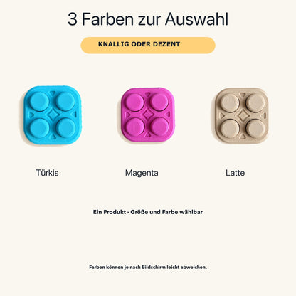 Farbübersicht mit drei 2×2 Bubble Poppern in Türkis, Magenta und dezentem Latte-Braun beziehungsweise Beige.