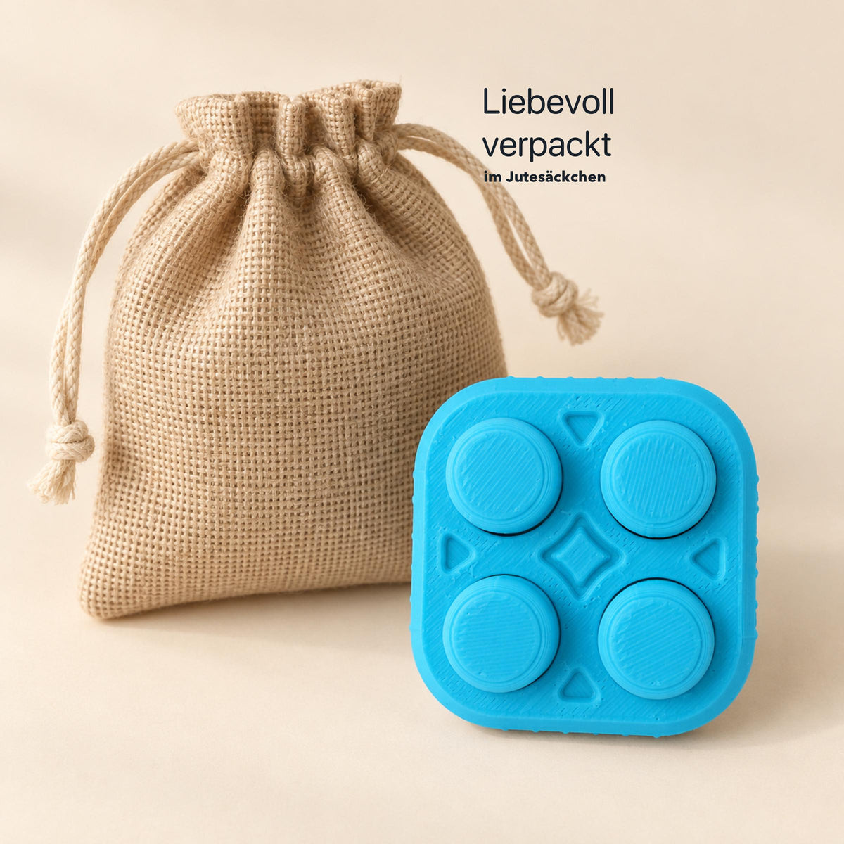 Türkiser 2×2 Bubble Popper neben einem naturfarbenen Jutesäckchen auf cremefarbenem Hintergrund mit dem Hinweis liebevoll verpackt.