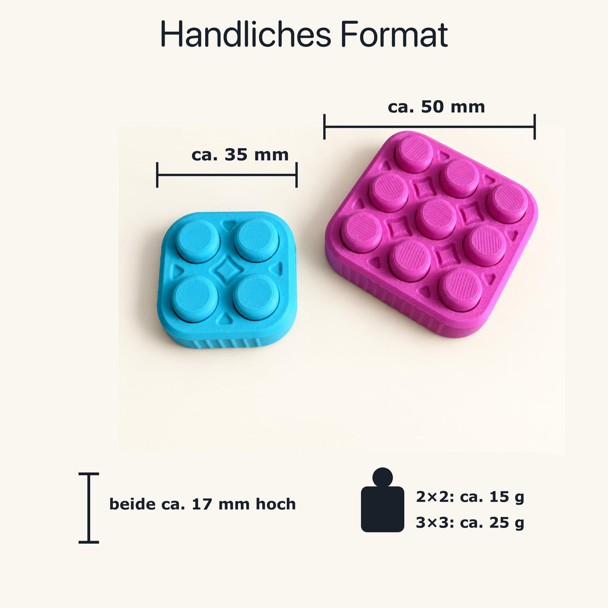 Maß- und Gewichtsgrafik für den Bubble Popper: 2×2 etwa 35 Millimeter und 15 Gramm, 3×3 etwa 50 Millimeter und 25 Gramm, beide etwa 17 Millimeter hoch.