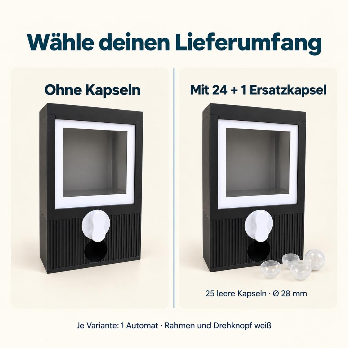 Vergleich der beiden Lieferumfänge: jeweils ein schwarzer Kapselautomat mit weißem Rahmen und Drehknopf, wahlweise ohne oder mit 24 + 1 Ersatzkapsel. Insgesamt 25 leere transparente Kapseln mit 28 mm Durchmesser.