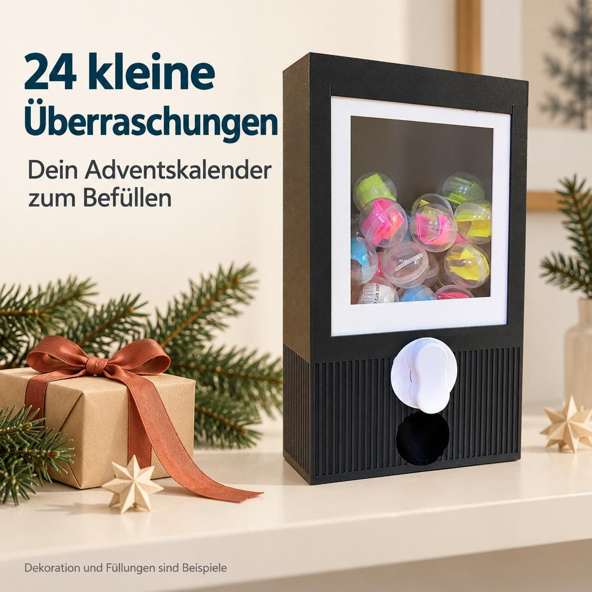 Schwarzer Kapselautomat als Adventskalender zum Selbstbefüllen, mit Tannenzweigen, Papiersternen und Geschenkbox. Dekoration mit KI ergänzt; Dekoration und dargestellte Füllungen sind Beispiele und nicht enthalten.