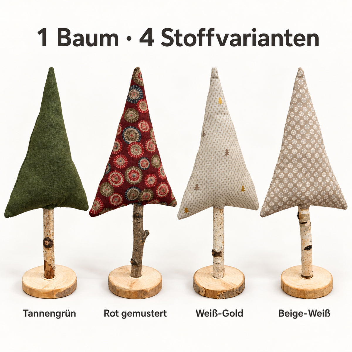 Übersicht der vier limitierten Stoffvarianten Rot, Grün, Weiß mit Goldmuster und Beige mit Weißmuster; Verkauf einzeln.