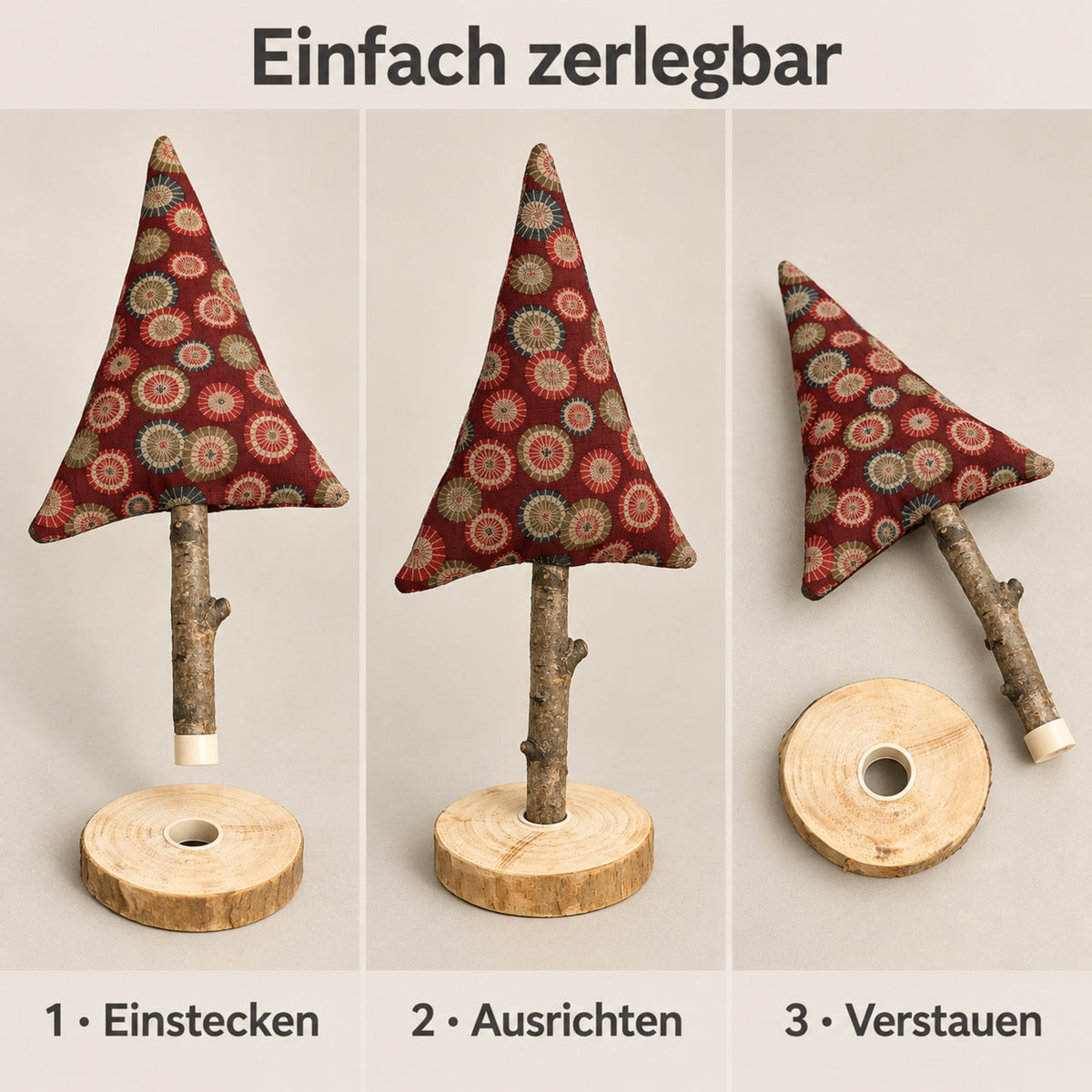 Zerlegbarer Stoff-Tannenbaum mit Stoffkrone, Naturast, Holzscheibe und passgenauer TPU-Halterung zum Zusammenstecken.