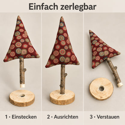 Zerlegbarer Stoff-Tannenbaum mit Stoffkrone, Naturast, Holzscheibe und passgenauer TPU-Halterung zum Zusammenstecken.