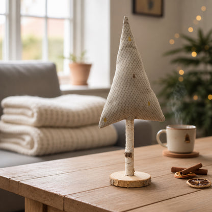 Weiß-goldener Stoff-Tannenbaum auf Holzfuß als dezente Weihnachtsdeko im Wohnraum.