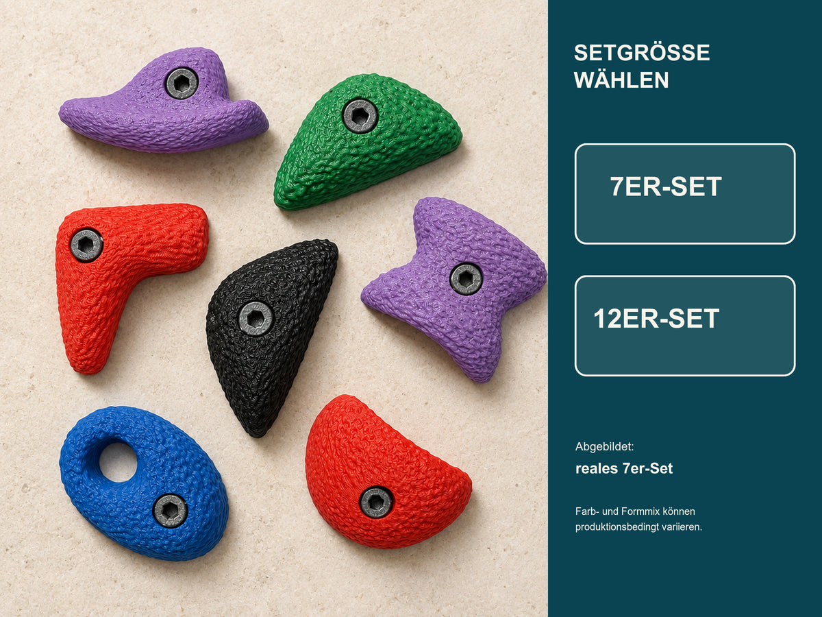 Reales 7er-Set der großen Bouldergriff-Magnete; als Auswahl sind ein 7er-Set oder ein 12er-Set erhältlich.